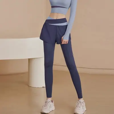 Yüksek Bel Sahte İki Parça Yoga Tayt, Transparan Olmayan, Kalça Kaldırıcı - 8