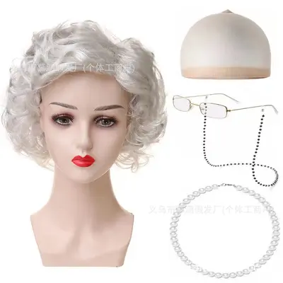 Halloween Old Grandma Wig Costume Set, Short Curly Hair - 7