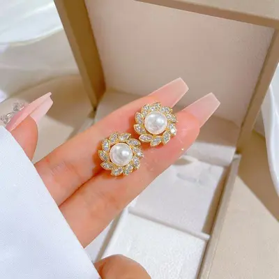跨境饰品套装珍珠花朵项链时尚潮流不掉色锁骨链耳环戒指三件套女 - 5