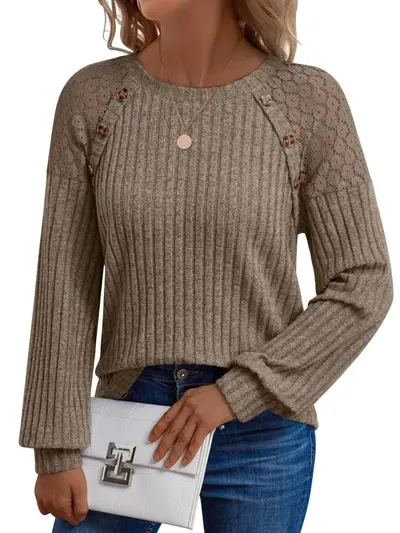 Round Neck Solid Color Hollow Button Long Sleeve Casual Top - 11