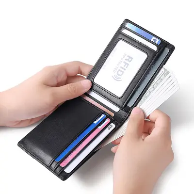 Hakiki deri erkek cüzdanı, anti-RFID korumalı, kısa