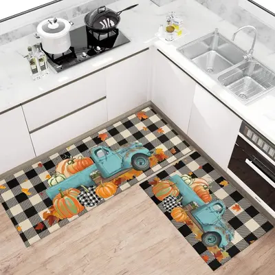 Thanksgiving Kitchen Two-Piece Set, Pumpkin Water and Oil Absorbing Floor Mat