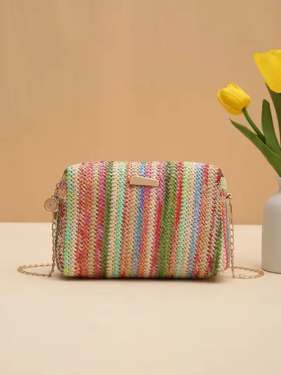 Bunte Strohtasche, Damen-Umhängetasche, Regenbogen-Design - 11