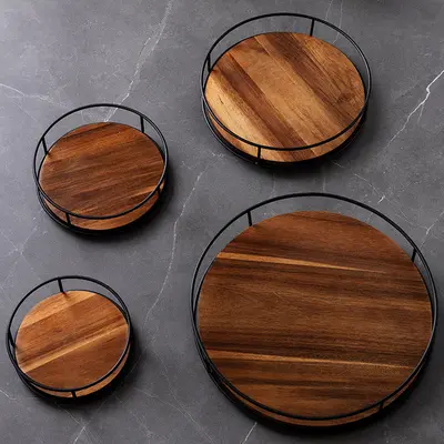 Wooden Lazy Susan Storage Rack Steel Assorted Items Organizer Tabletop Rotating Tray Spice Bottle Jar Cosmetic Turntable