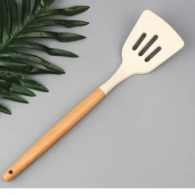 Yeni silikon mutfak gereçleri ahşap saplı çift set yüksek sıcaklığa dayanıklı gıda sınıfı yapışmaz spatula kaşık mutfak eşyaları seti - 9