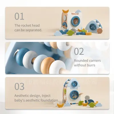 Wooden Rocket 5-in-1 Toy Set Multi-Function Shape Cognitive Toy Baby Beaded Montessori Early Learning Toy