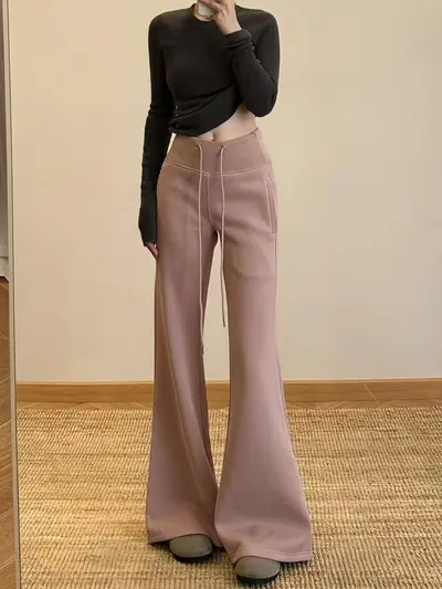 【婵兰】玫粉色秋季美式垂感显瘦运动微喇裤女休闲辣妹瑜伽卫裤