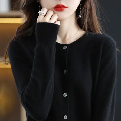 Women's OL Style Elegant Long-Sleeve Round Neck Straight-Cut Knit Cardigan Sweater