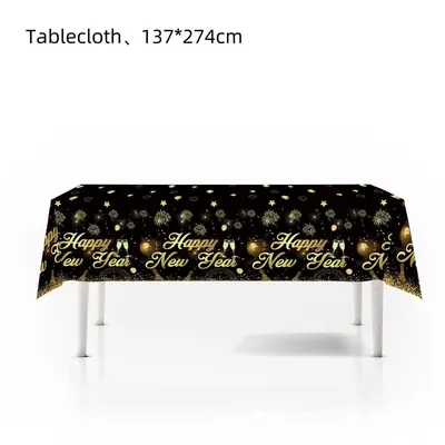 Black and Gold New Year Party Decoration Set with Tablecloth, Banner, Pull Flags and Ballo - 10