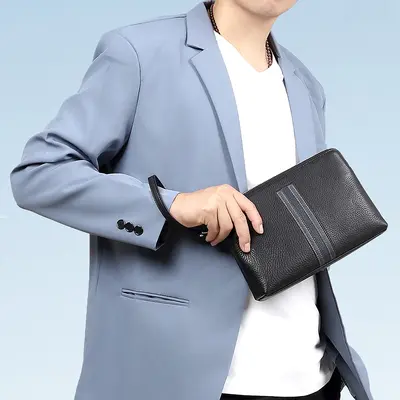 Men's Genuine Leather Clutch Bag, Large Capacity Envelope Bag, Top-Grain Cowhide - 3