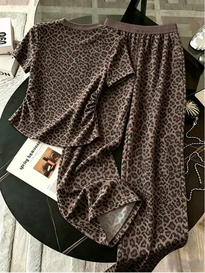 Leopard Print Short-Sleeve Two-Piece Homewear Set