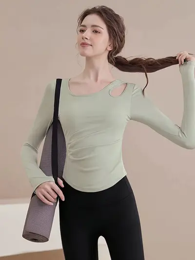 带胸垫瑜伽服长袖上衣女2026秋冬修身显瘦运动套装健身两件套秋装 - 6