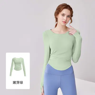 Women's Long-Sleeve Yoga Top, Off-Shoulder with Ruching, Slim Fit - 7