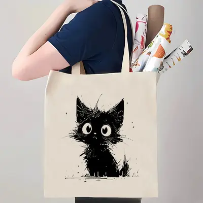 Cross-border popular cute cat print canvas bag shoulder foldable tote bag shopping bag travel bag customizable - 7