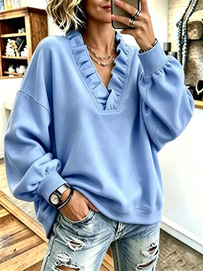 Kadın fırfırlı V yaka uzun kollu sweatshirt, sonbahar ve kış, bol kesim - 9