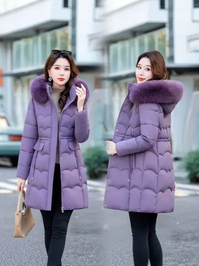 Damen-Winterjacke mit großem Pelzkragen, mittellang, Wintermodell 2026, modisch und schick, Daunen-Watteparka, warme Außenjacke, auf Lager