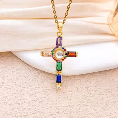 Kreuz-Halskette mit farbigen Zirkonia, Damen-Modeschmuck - 10