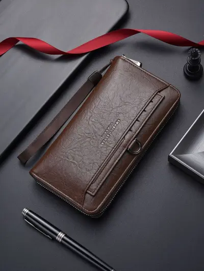 Men's Long Zip Leather Wallet and Clutch with Multiple Card Slots - 7