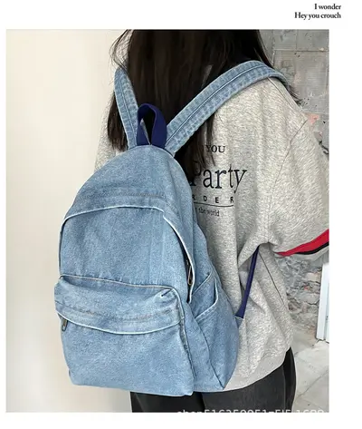 Vintage Washed Denim Backpack with Laptop Compartment - 9