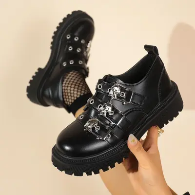 Thick-Sole Punk Style Metal Buckle Loafers, Plus Size, Spring 2026