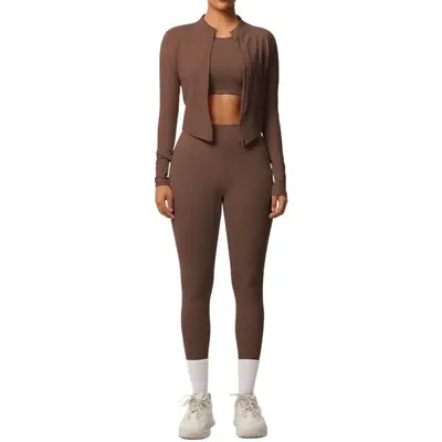 Solid Color Brushed Tight Fitness Jacket Three-Piece Set for Women - 6