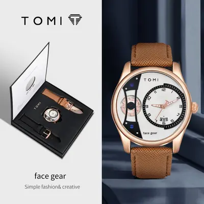 TOMI erkek kuvartz saati, deri kayış, su geçirmez - 11