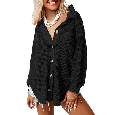 Women's Loose Waffle Knit Shirt for Autumn Winter, Casual and Office Wear - 2