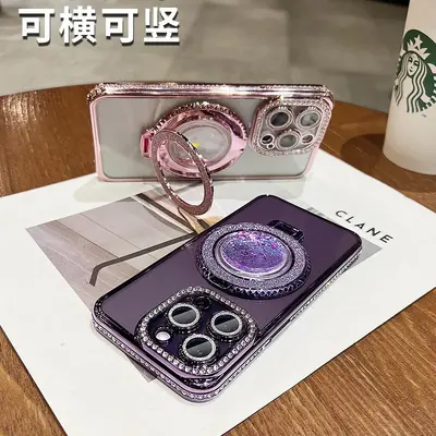 Transparent Soft iPhone 15 Case, Electroplated, Magnetic, Rhinestone Stand - 2