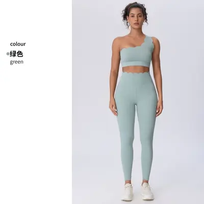 Women's Two-Piece Yoga Set with Wave Ruffle One-Shoulder Bra and Cropped Pants - 10