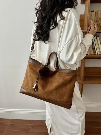 Large-Capacity Suede-Look Tote Bag with Single Shoulder Strap for Commuting