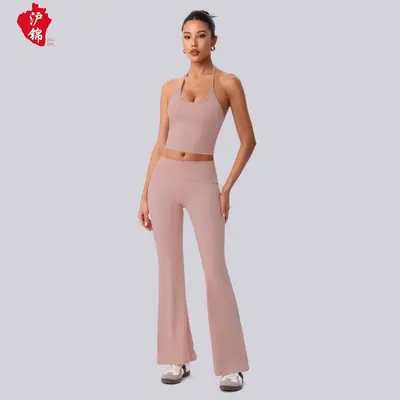 Cross-border Nude-Feel Skin-Friendly Halter Neck Tank Top Camisole Flared Pants High-Waist Butt-Lifting Flared-Hem Slimming Sports Yoga Wear Set