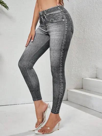 Damen-Yogahose mit hohem Bund, Po-Lifting, Jeans-Optik - 9