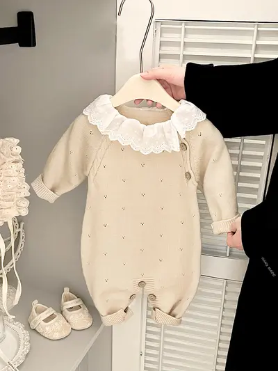Kız Bebek Örgü Tulum Sonbahar Kış Nakışlı Uzun Kollu