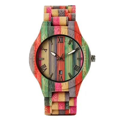Men's and women's wooden wristwatch with colourful Roman numerals