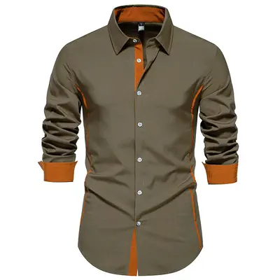 Men's Contrast Color Long-Sleeve Shirt, Spring and Autumn, Triangle Collar - 9