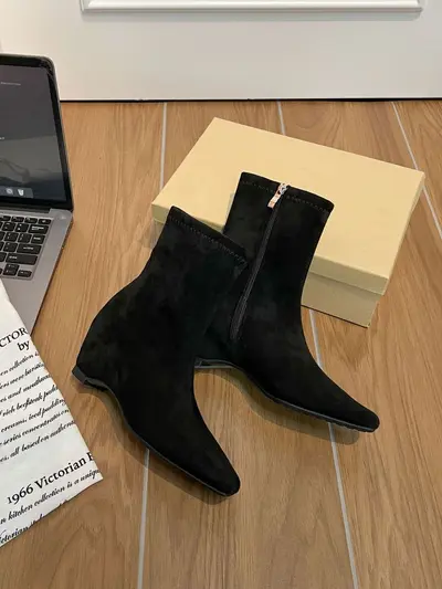 Women's Suede Ankle Boots, Hidden Heel, Square Toe, Stretch Slim Fit - 13