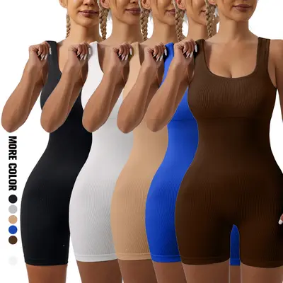 Nahtloser Rippstruktur-Jumpsuit, elastisch, Fitness-Bodysuit - 2