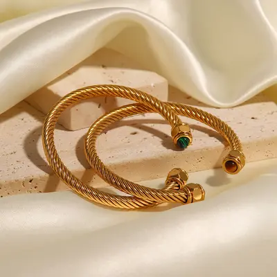 Natural Stone Titanium Steel Open Bangle, Non-Fading