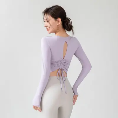 Yoga üstü, uzun kollu, dekoratif kesim, göğüs pedli