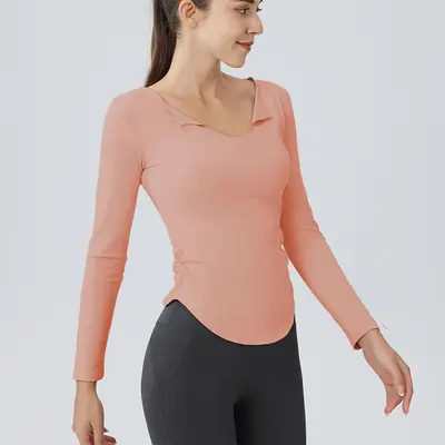 Women's Long-Sleeve V-Neck Yoga Top, High Stretch, Quick-Dry Fabric
