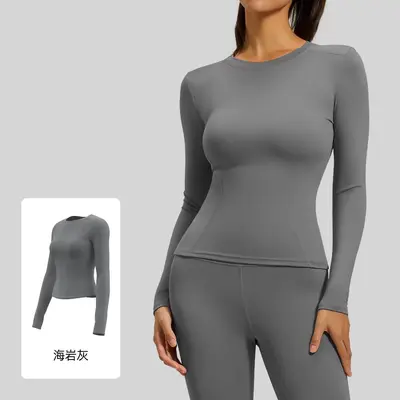 Juyitang Long-Sleeve Yoga Top, Round Neck, Slim Fit Sports T-Shirt - 8