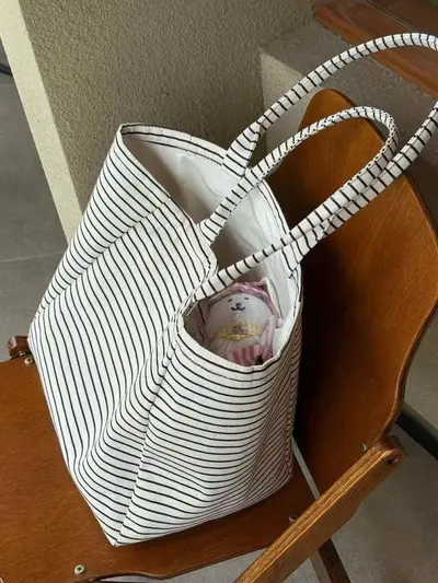 Korean Style Striped Canvas Women's Tote Bag, Large Capacity, Model A35