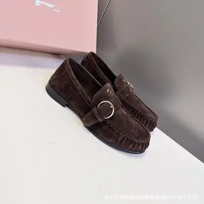 Correct version mi*British Retro Versatile Belt Buckle Small Leather Shoes Chunky Heel Height-Increasing Slip-On Genuine Leather Loafers for Women