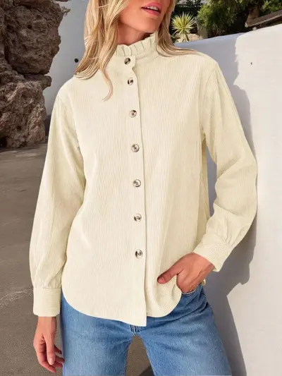 Damen-Cordhemd-Jacke in Uni mit Volantkragen - 7