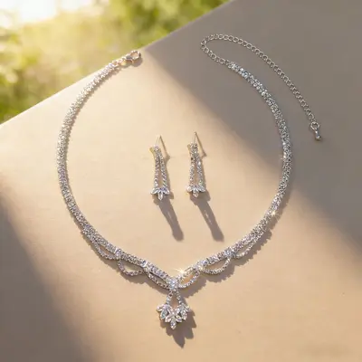 Bridal Jewelry Set with Necklace, Earrings and Bracelet, Zircon