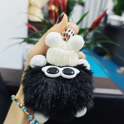 Cartoon Plush Glasses Coal Ball Car Keychain and Backpack Charm - 11