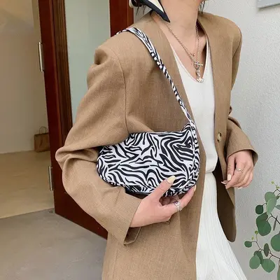 Small Leopard Print Underarm Bag, Black and White Plaid Handbag - 2