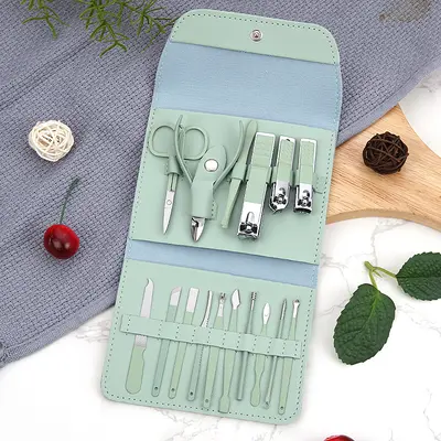 16-piece nail clipper set, matcha green, foldable pouch