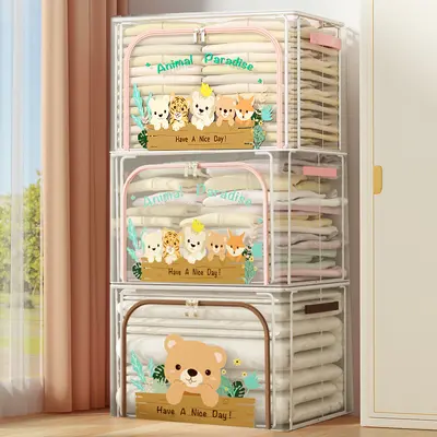 Clothing storage box for kids, transparent foldable, organizer