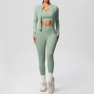 Dreiteiliges Yoga-Set hautfarben hochgeschnittene Taille - 10